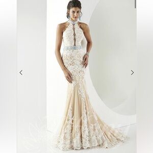 Tiffany Designs Lace Halter Dress with Blue Accents STYLE #16150